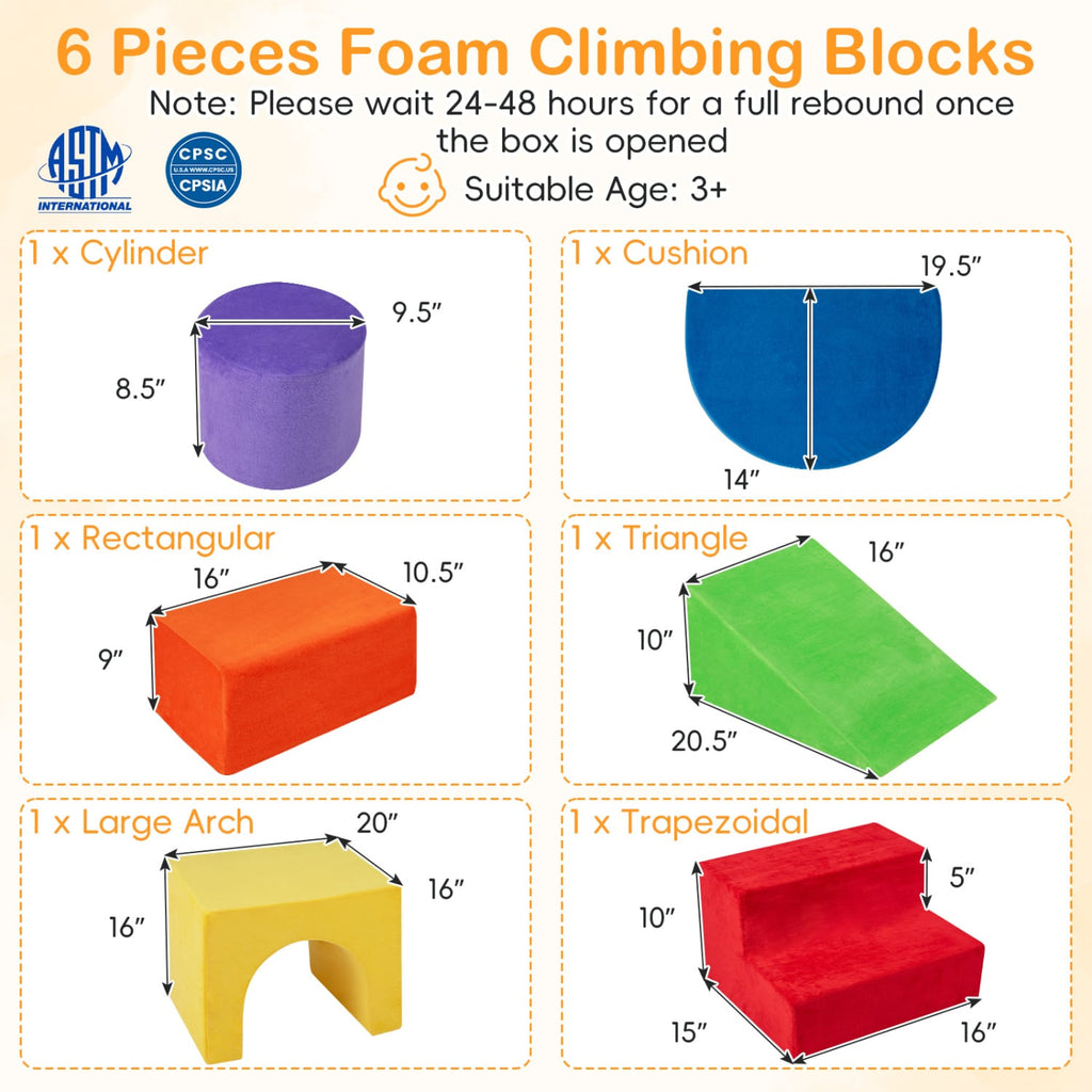 6 Pieces Foam Climbing Blocks for Kids with Slide and Tunnel-Red