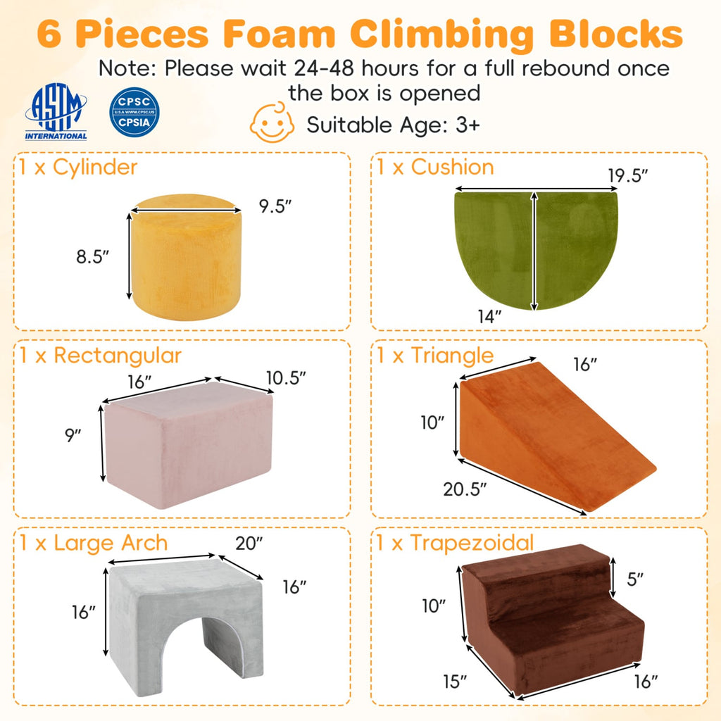 6 Pieces Foam Climbing Blocks for Kids with Slide and Tunnel-Gray