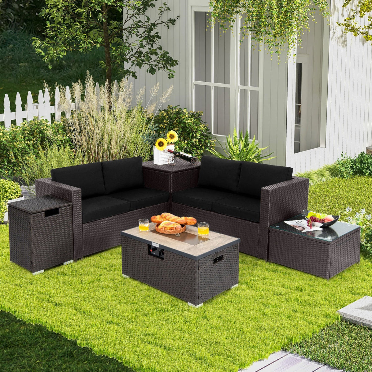6 Piece Wicker Patio Conversation Set with 32 in Propane Fire Pit Table, Black Cushions
