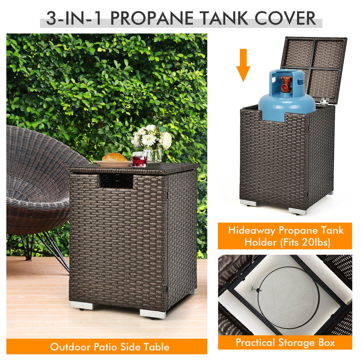 6 Piece Wicker Patio Conversation Set with 32 in Propane Fire Pit Table, Black Cushions