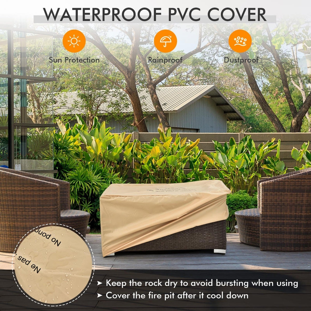6 Piece Wicker Patio Conversation Set with 32 in Propane Fire Pit Table, Black Cushions