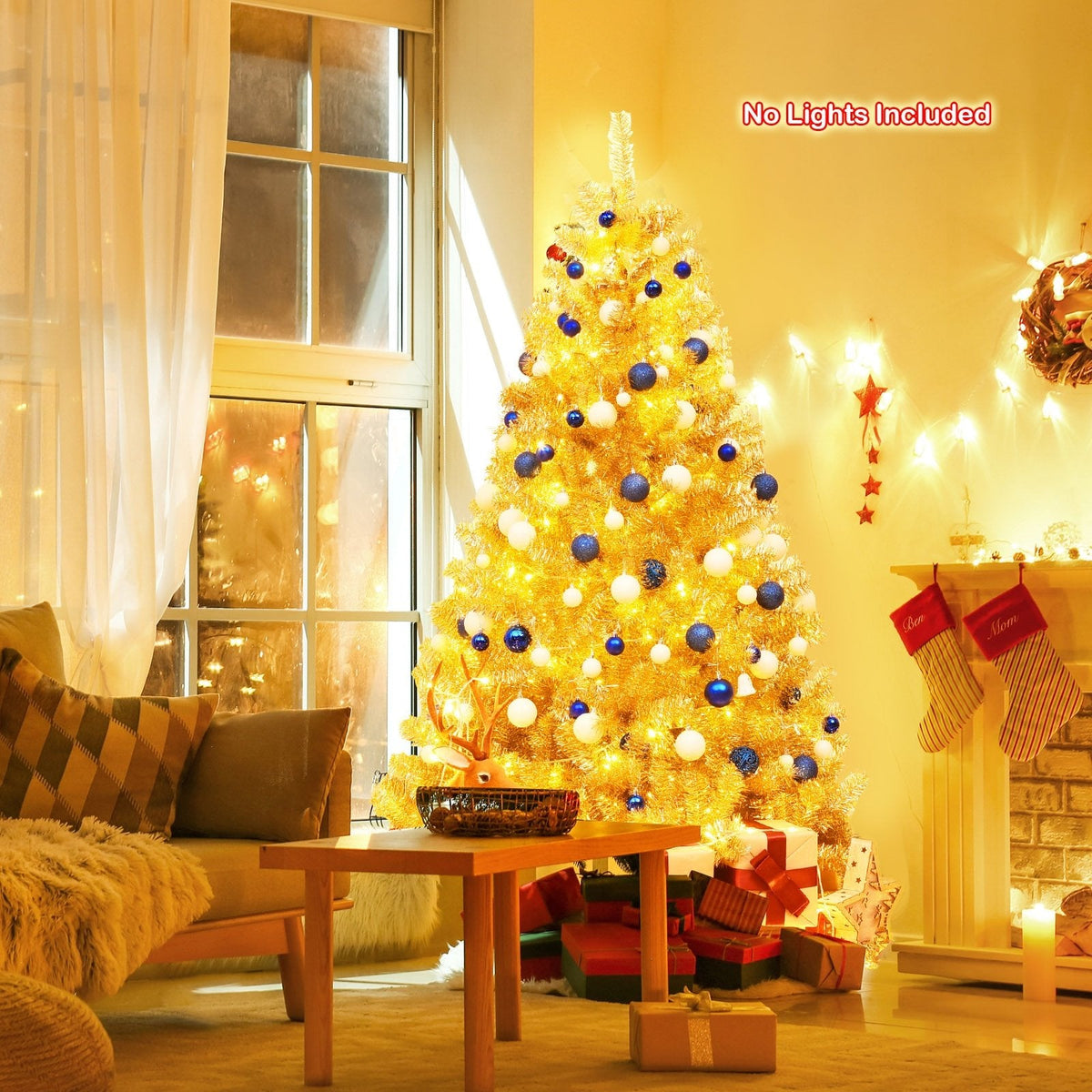 6 FT Champagne Gold Tinsel Christmas Tree, Hinged with Foldable Stand, Unlit