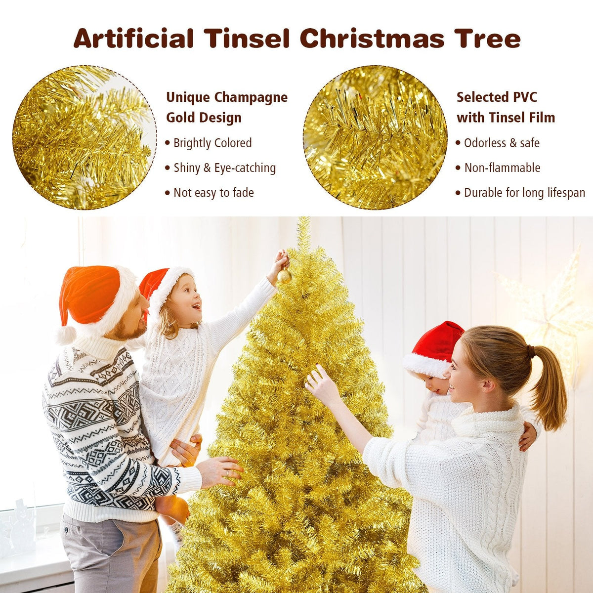 6 FT Champagne Gold Tinsel Christmas Tree, Hinged with Foldable Stand, Unlit