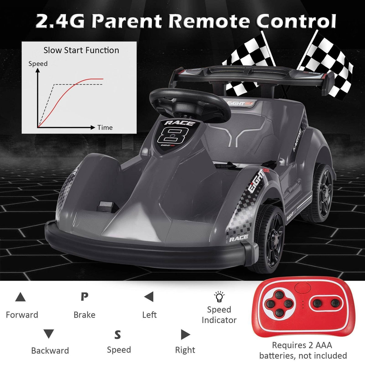 6V Kids Ride On Go Kart with 2.4G Parent Remote, Safety Belt and Soft Bumper, Black