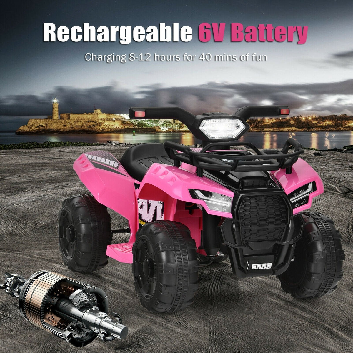 6V Kids Ride On ATV Quad with LED Headlight, Horn and MP3 Input, Pink