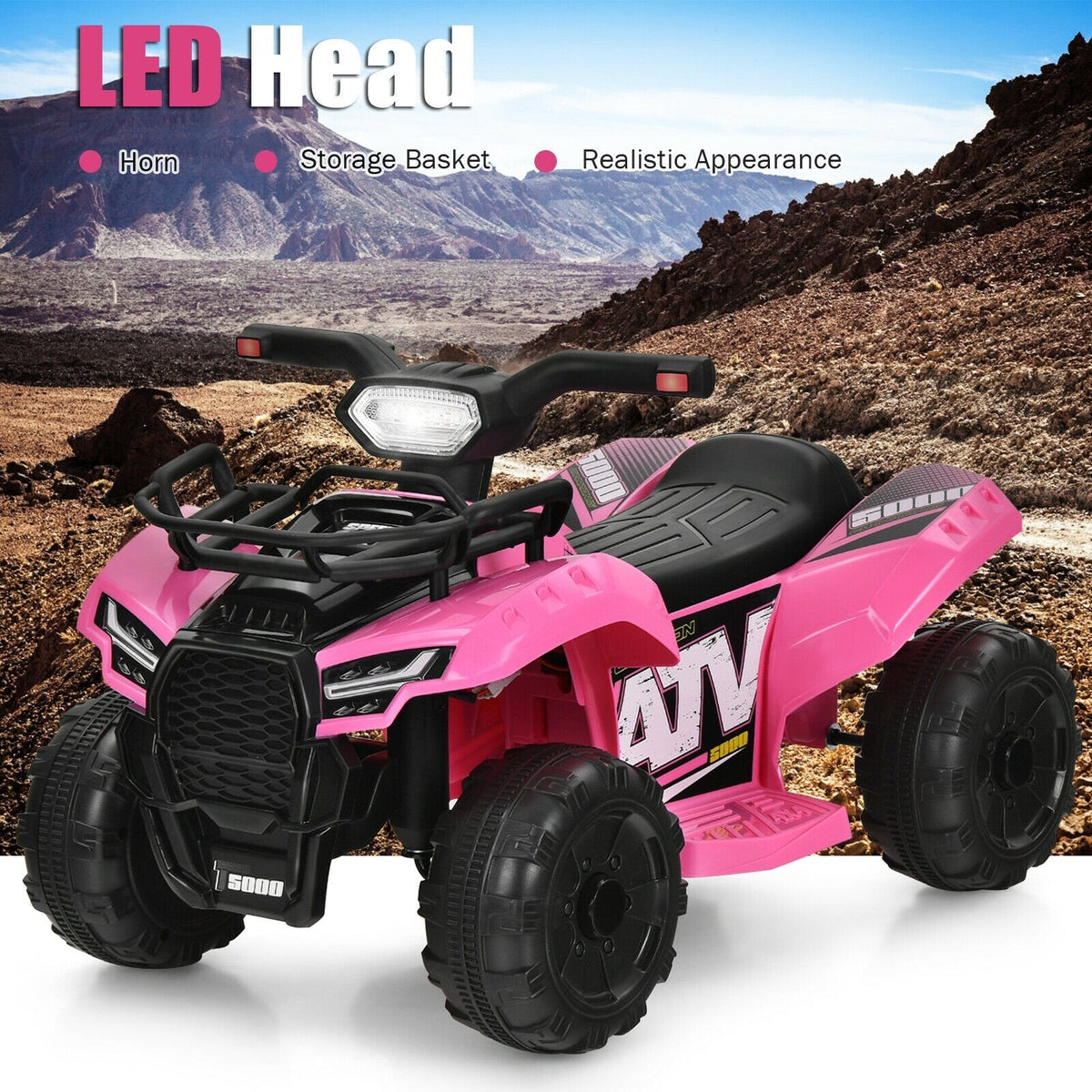 6V Kids Ride On ATV Quad with LED Headlight, Horn and MP3 Input, Pink