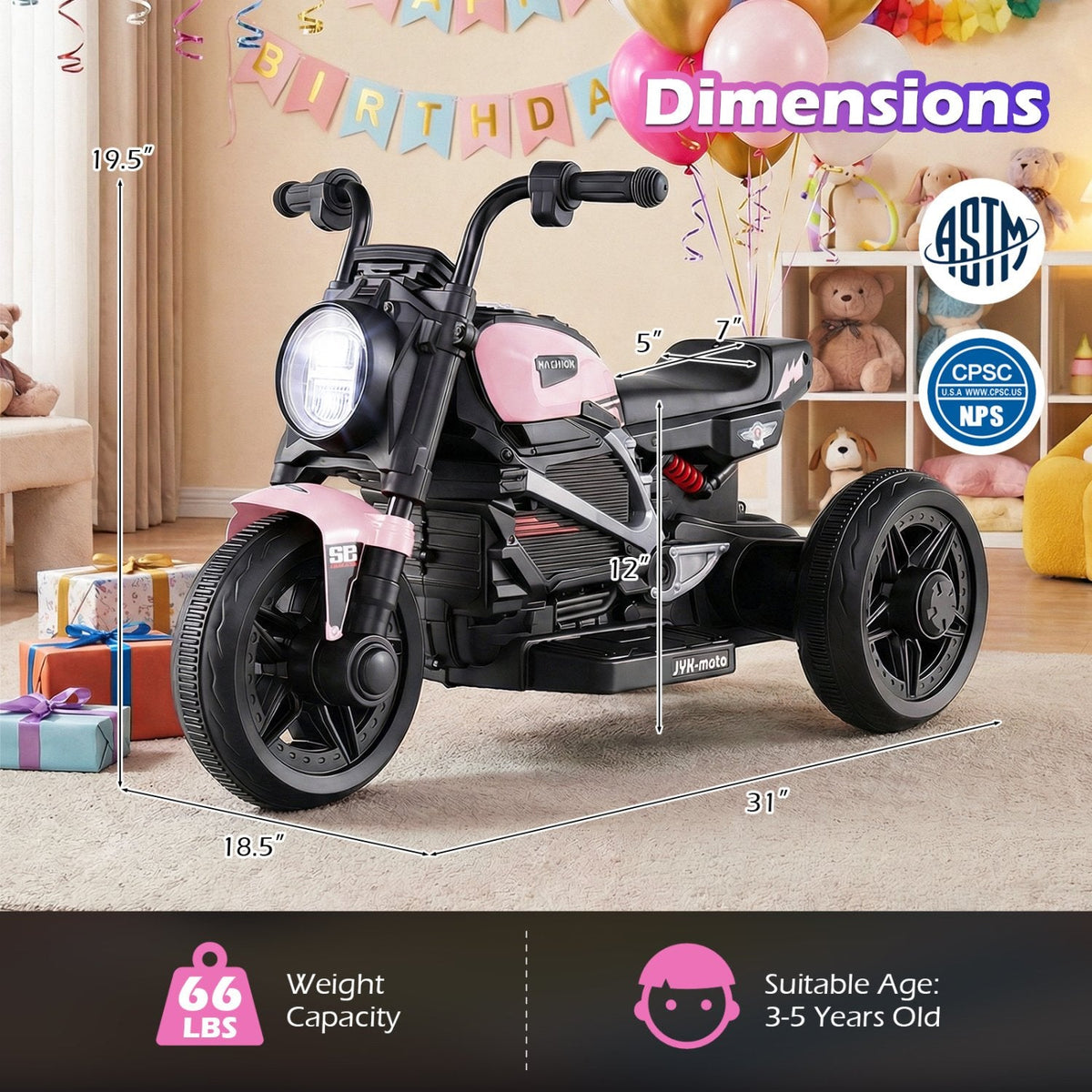 6V 3 Wheel Kids Electric Motorcycle with 10 Songs, 2 Stories and USB Port, Pink