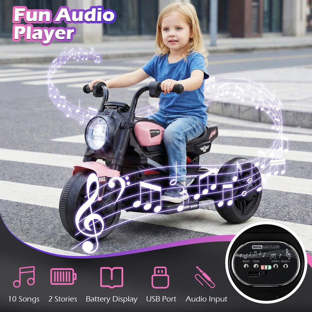 6V 3 Wheel Kids Electric Motorcycle with 10 Songs, 2 Stories and USB Port, Pink