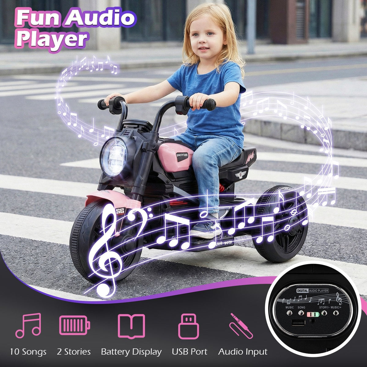 6V 3 Wheel Kids Electric Motorcycle with 10 Songs, 2 Stories and USB Port, Pink
