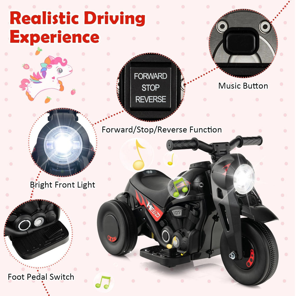 6V 3 Wheel Kids Ride On Bubble Motorcycle with Music Button and Reverse Switch, Black