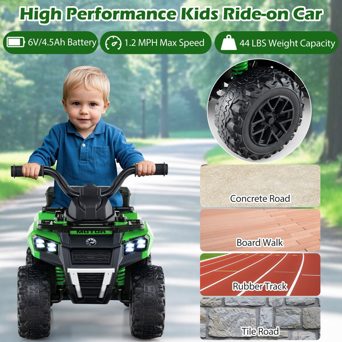 6V Kids Ride On ATV with Spray Function, Three Songs and Volume Control, Green