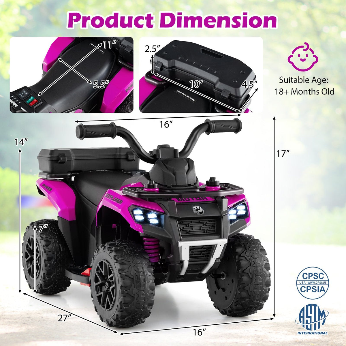 6V Kids Ride On ATV with Spray Function, Bright Headlight and Foot Pad, Pink