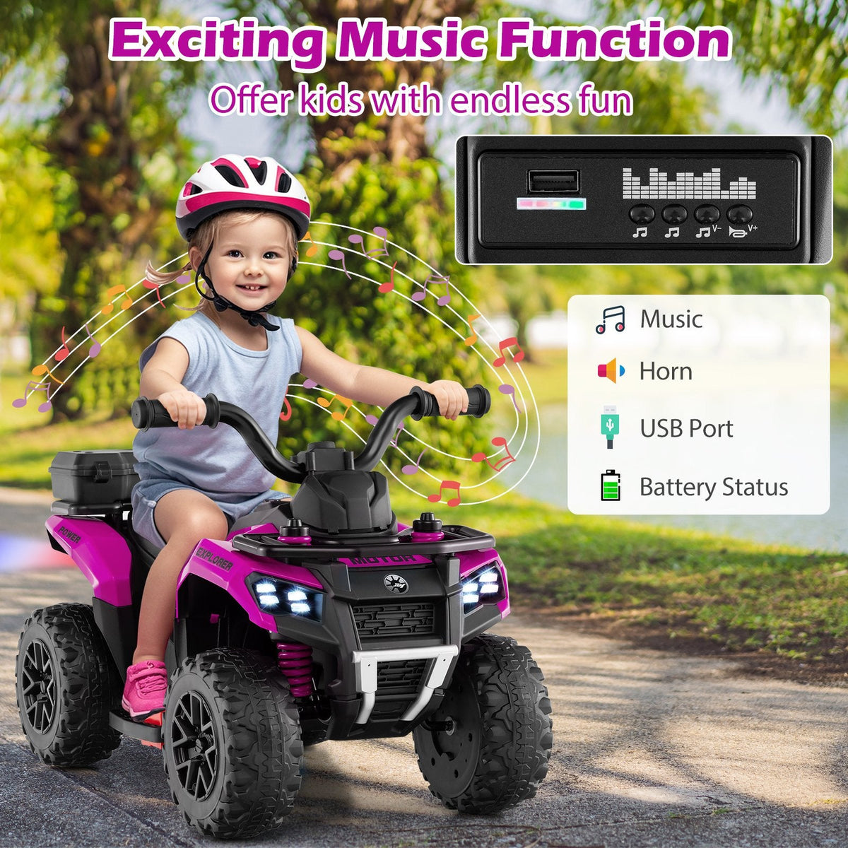 6V Kids Ride On ATV with Spray Function, Bright Headlight and Foot Pad, Pink