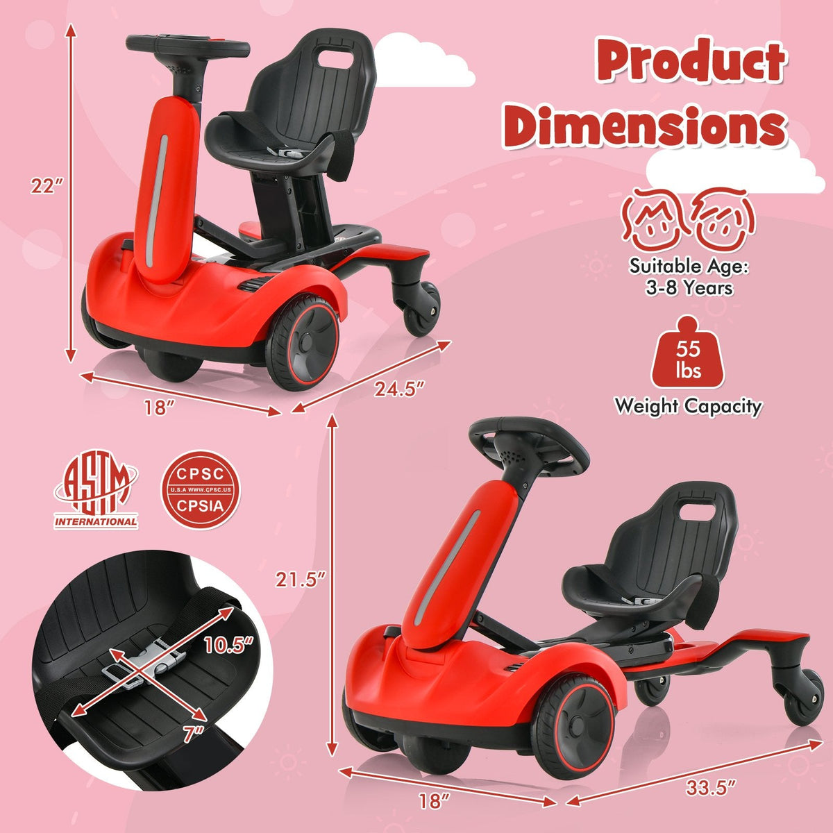 6V Kids Ride On Drift Car with Universal Wheels, Horn and Engine Sounds, Red