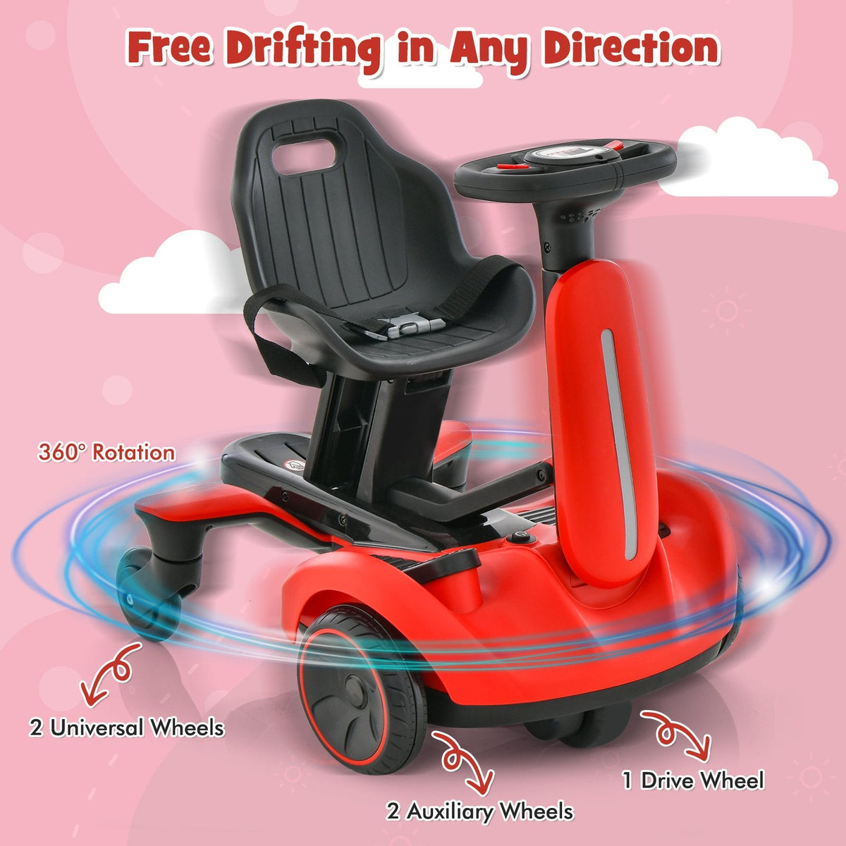 6V Kids Ride On Drift Car with Universal Wheels, Horn and Engine Sounds, Red