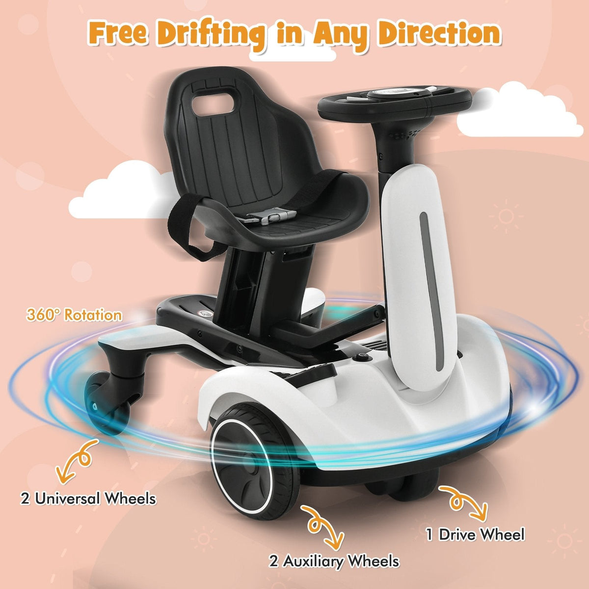 6V Kids Ride On Drift Car with 20 lb Frame and 33.5 Inch Extended Length, White