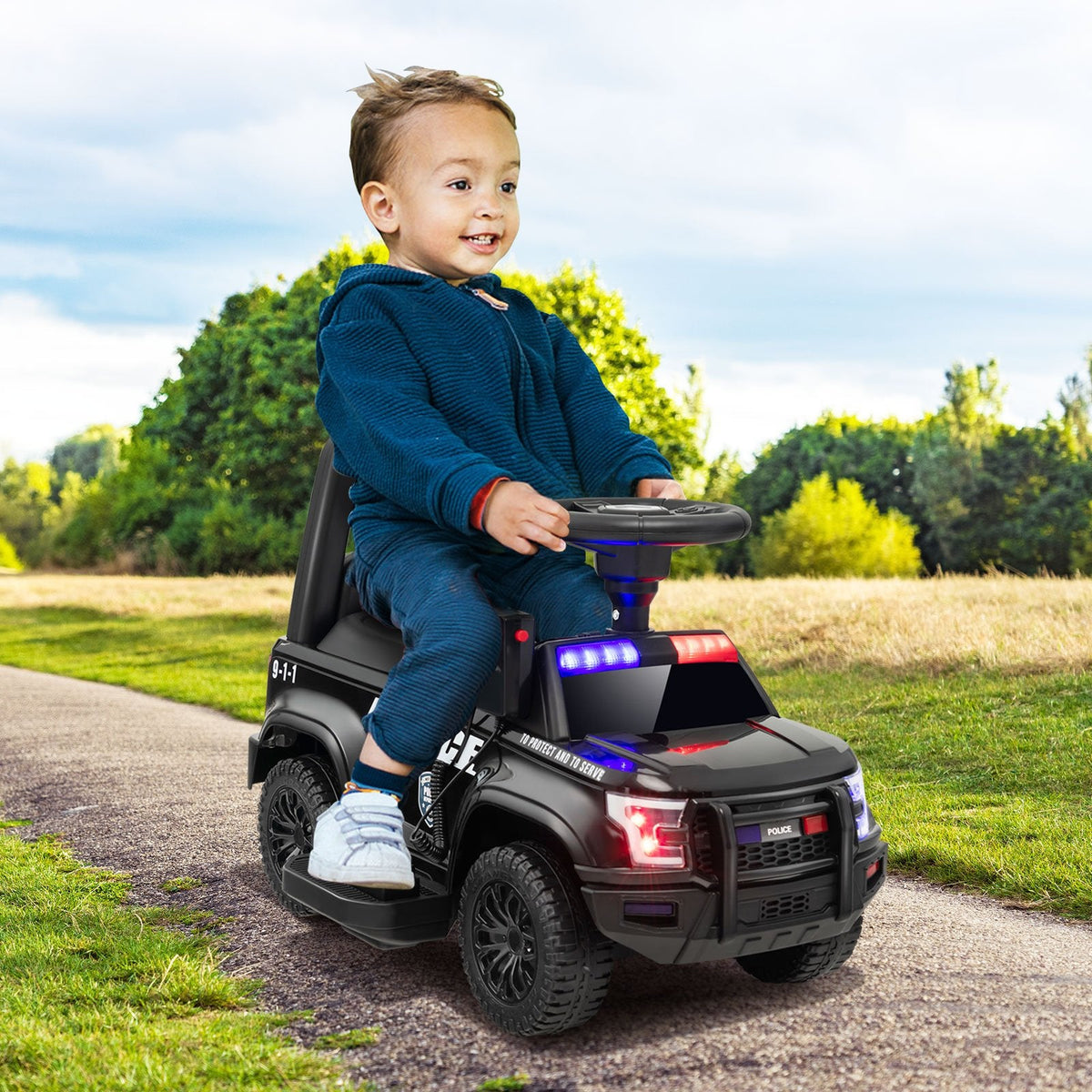 6V Kids Ride On Police Car with Working Megaphone, Siren and Flashing Lights, Black