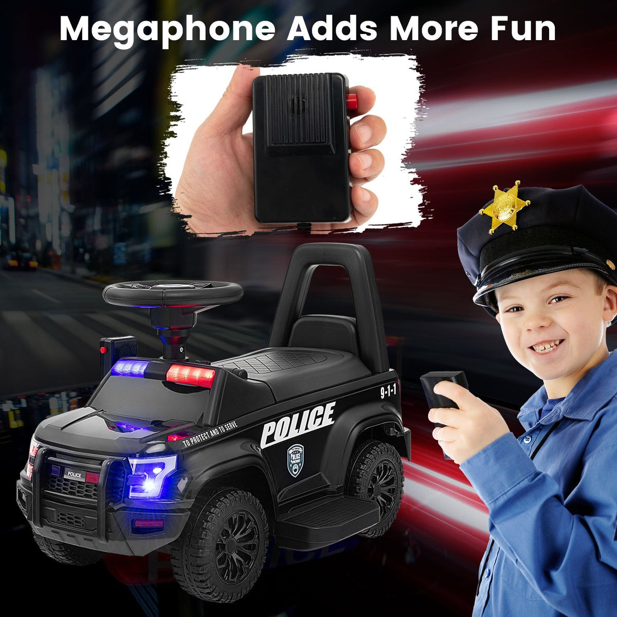 6V Kids Ride On Police Car with Working Megaphone, Siren and Flashing Lights, Black