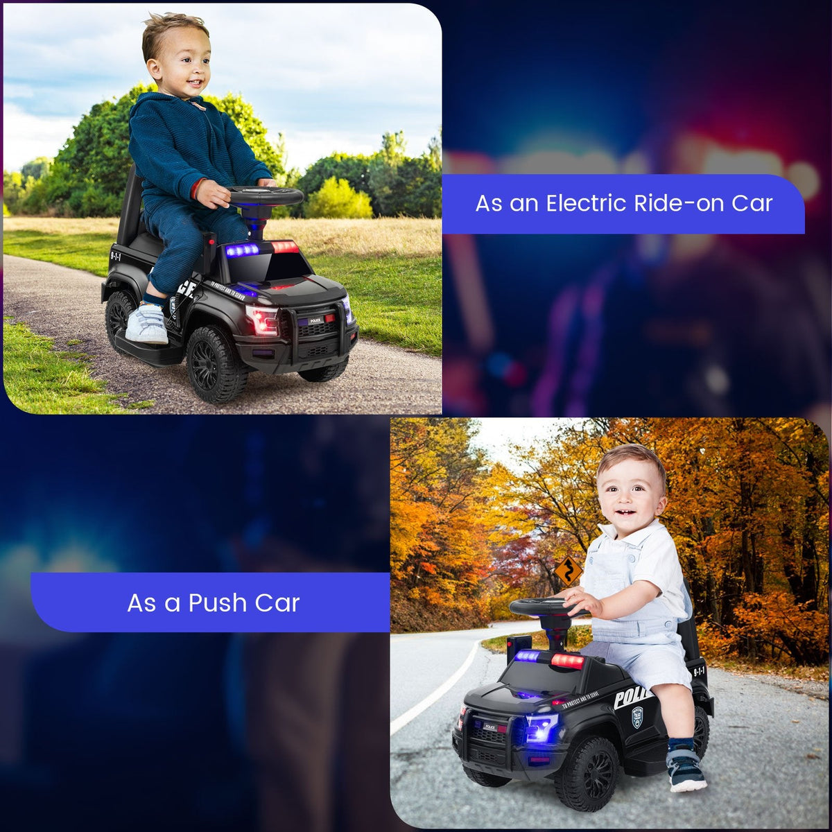 6V Kids Ride On Police Car with Working Megaphone, Siren and Flashing Lights, Black