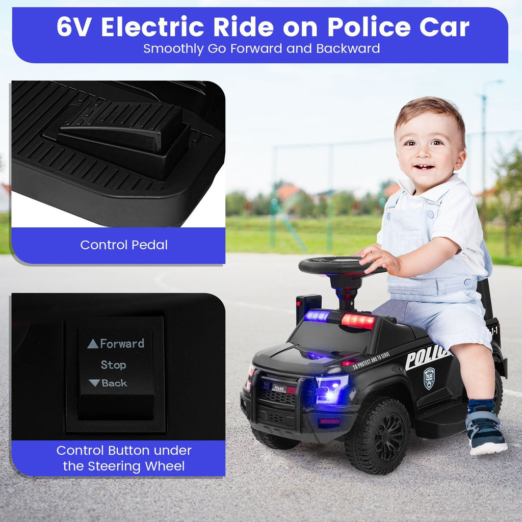 6V Kids Ride On Police Car with Working Megaphone, Siren and Flashing Lights, Black