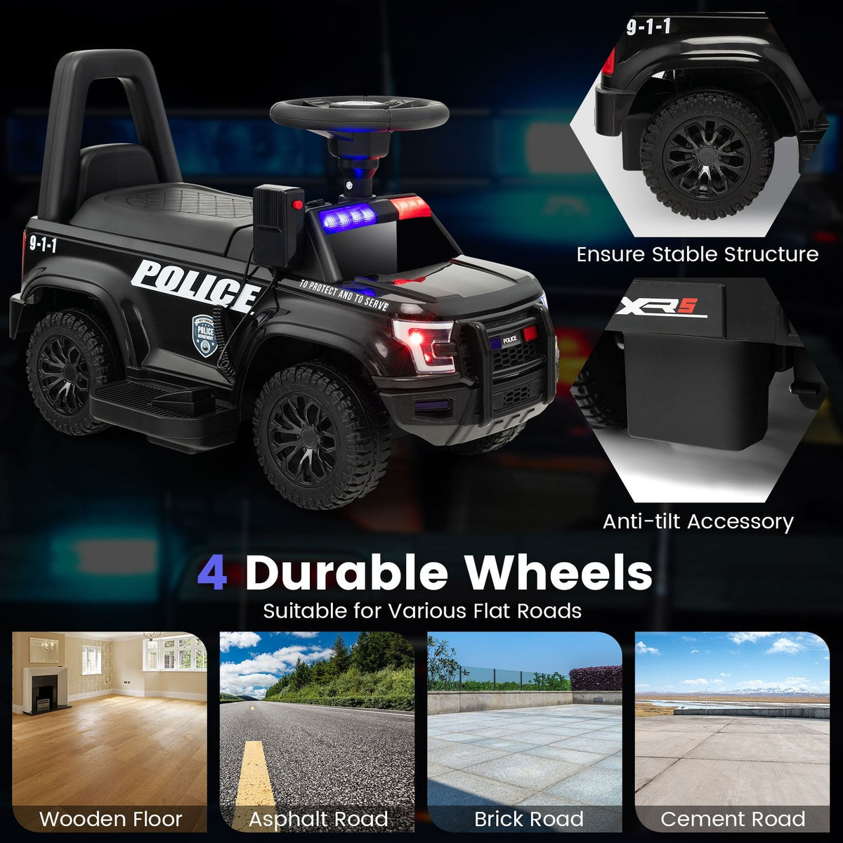 6V Kids Ride On Police Car with Working Megaphone, Siren and Flashing Lights, Black