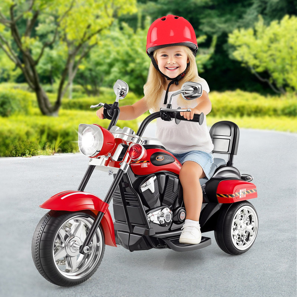 6V 3 Wheel Toddler Chopper Motorbike with Upward and Downward Headlight, Black and Red
