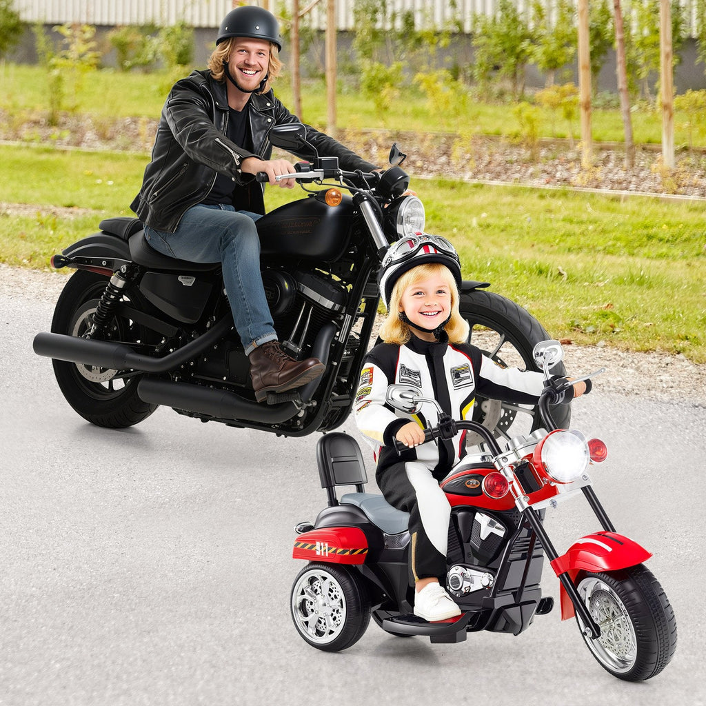 6V 3 Wheel Toddler Chopper Motorbike with Upward and Downward Headlight, Black and Red