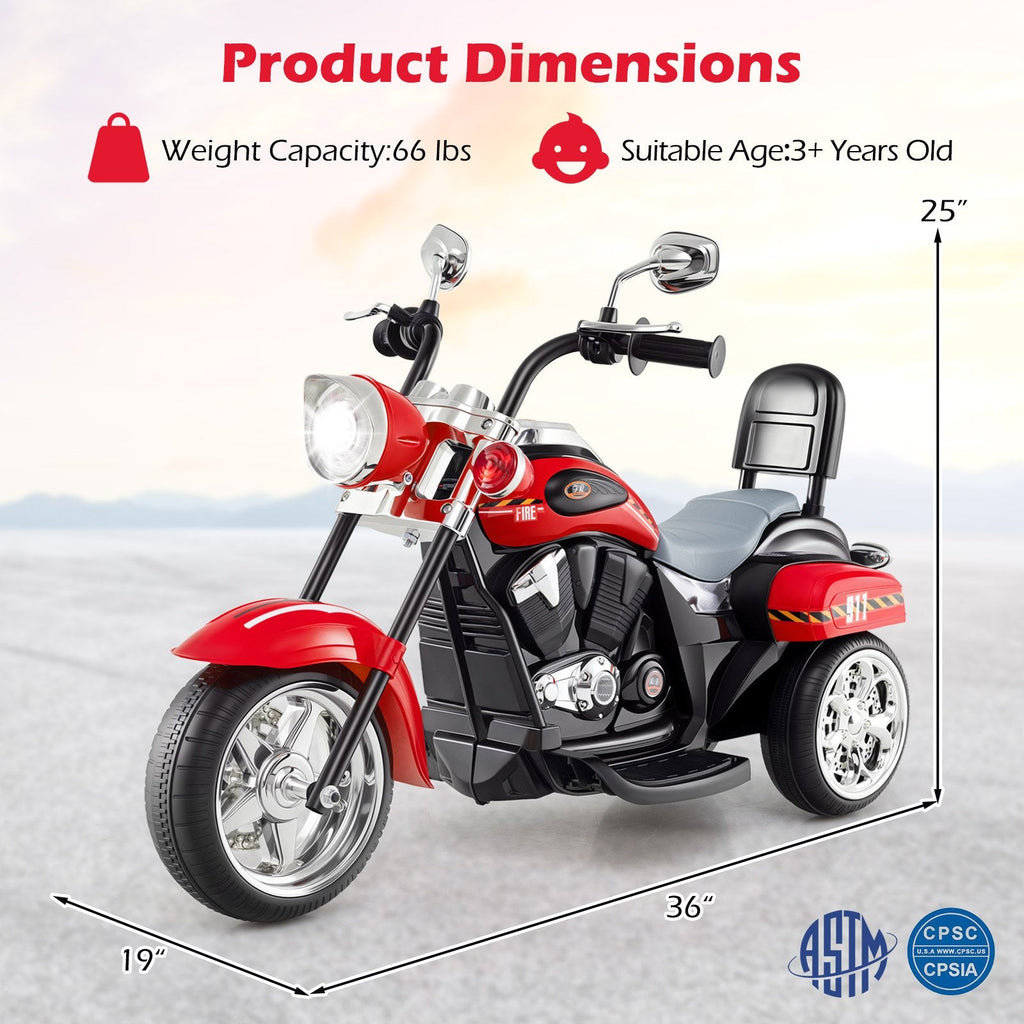 6V 3 Wheel Toddler Chopper Motorbike with Upward and Downward Headlight, Black and Red