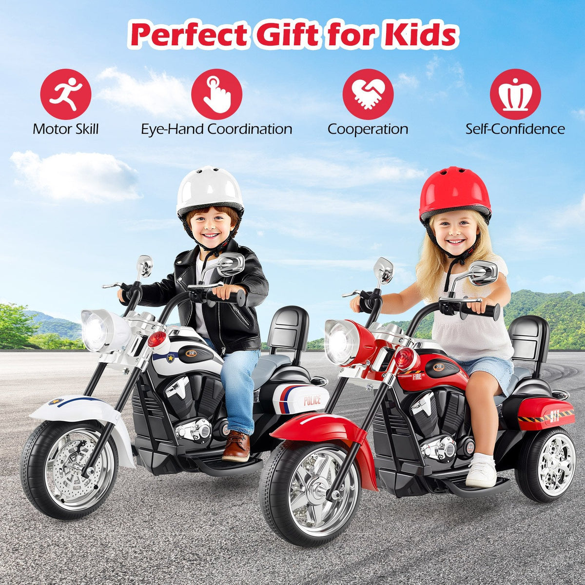 6V 3 Wheel Toddler Chopper Motorbike with Upward and Downward Headlight, Black and Red