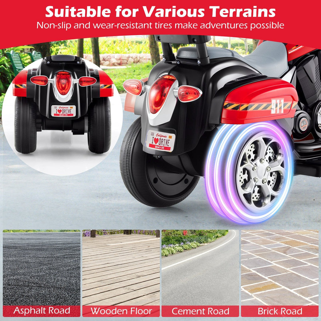 6V 3 Wheel Toddler Chopper Motorbike with Upward and Downward Headlight, Black and Red