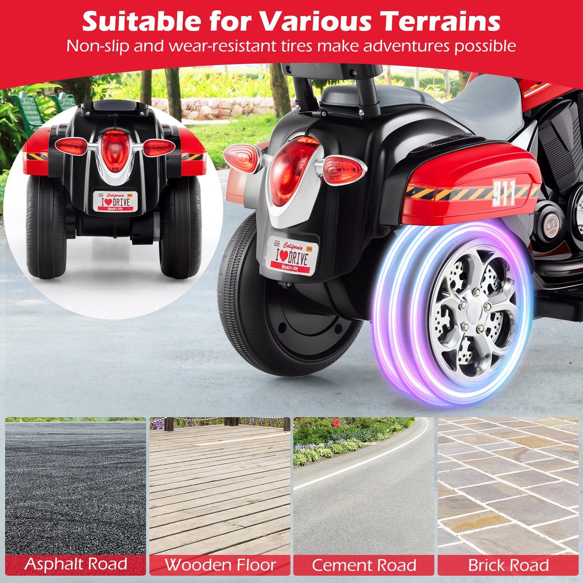 6V 3 Wheel Toddler Chopper Motorbike with Upward and Downward Headlight, Black and Red