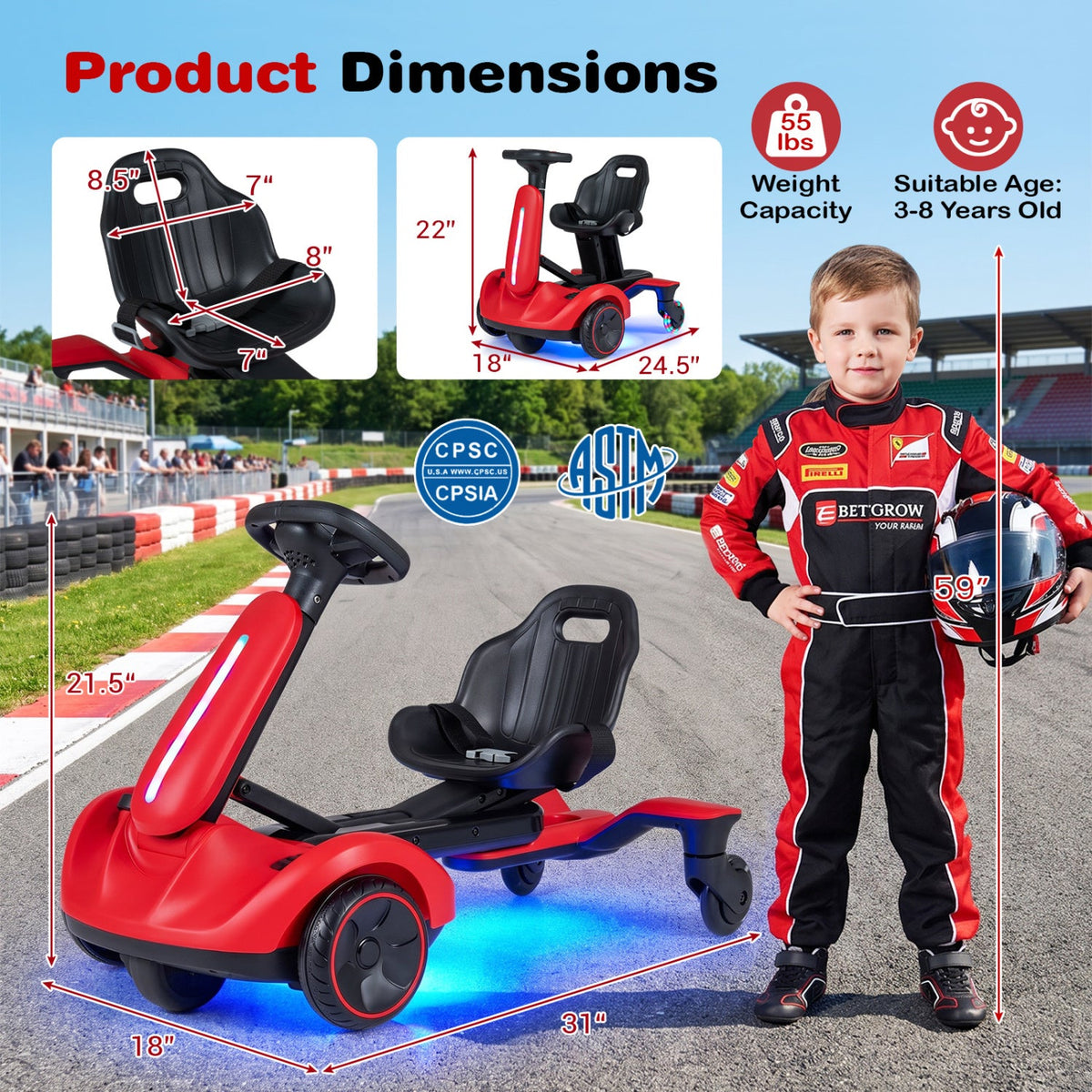 6V Kids Ride On Drift Kart with Auxiliary Anti Tip Wheels and 6.5 Inch Drive Wheel, Red