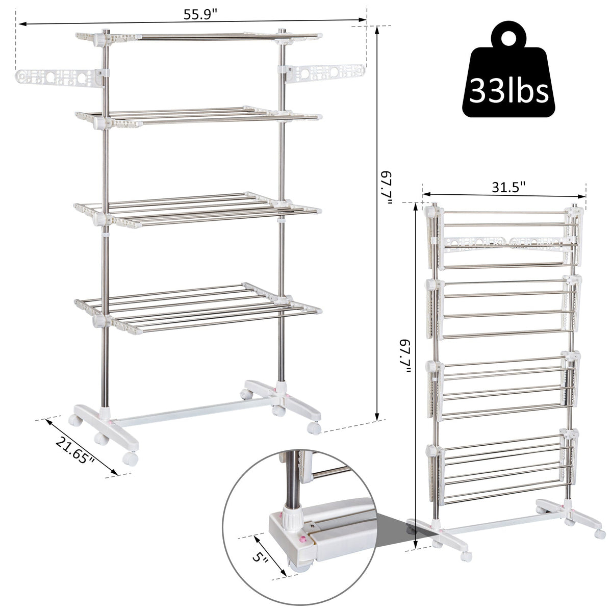 4 Layers Folding Laundry Rack Stand Dryer Storage Towel Rack Rolling