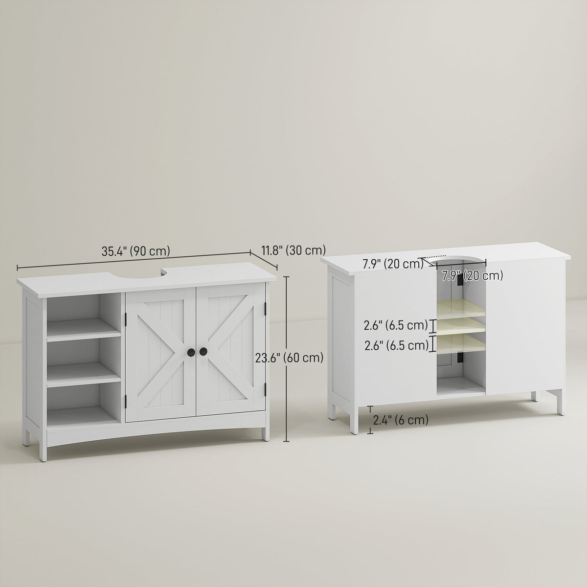 Bathroom Vanity Cabinet, Under Sink Storage Cabinet with Double Doors, Open and Adjustable Shelves, White