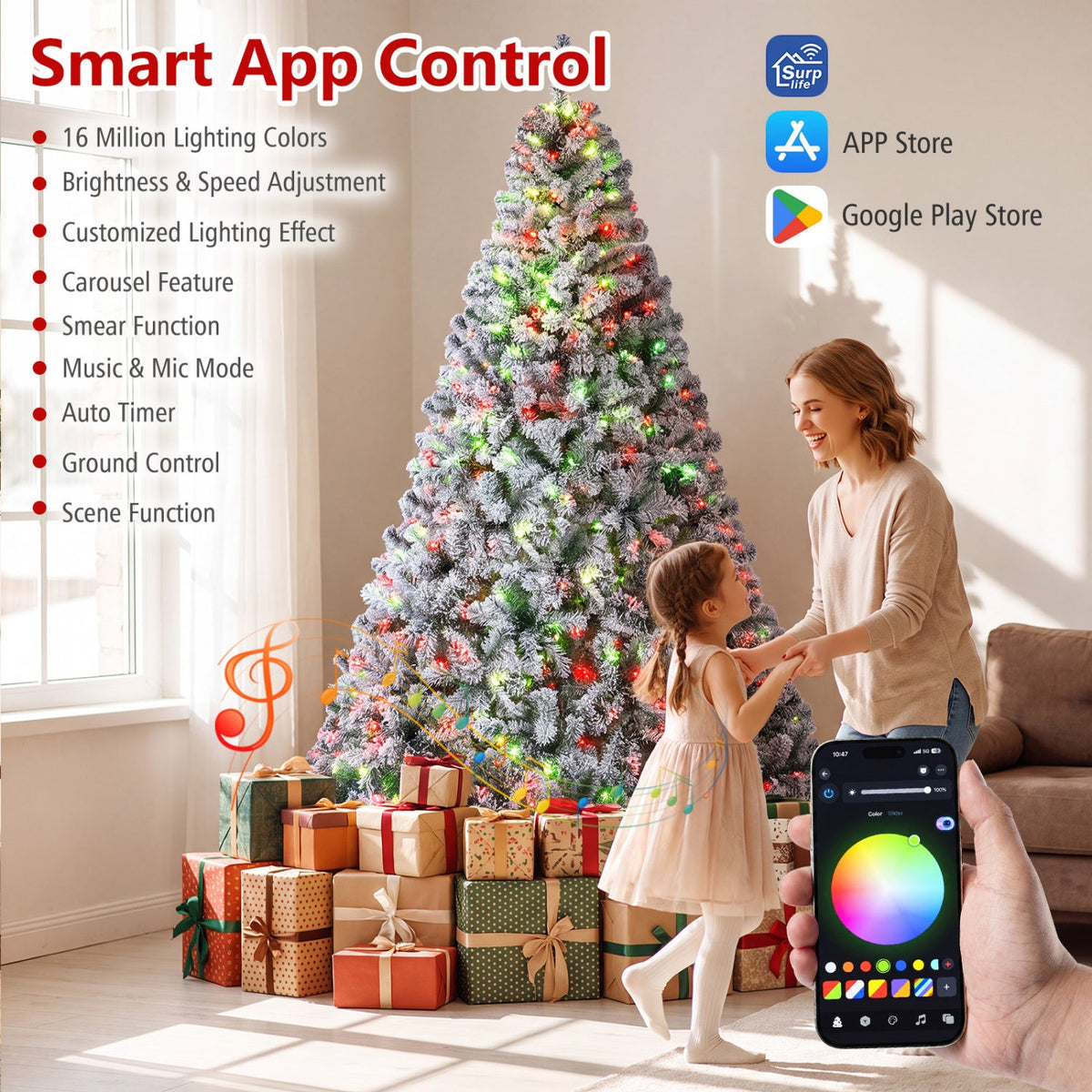 6 FT Smart Flocked Christmas Tree with App and Remote Control, RGB Lights and Music Sync