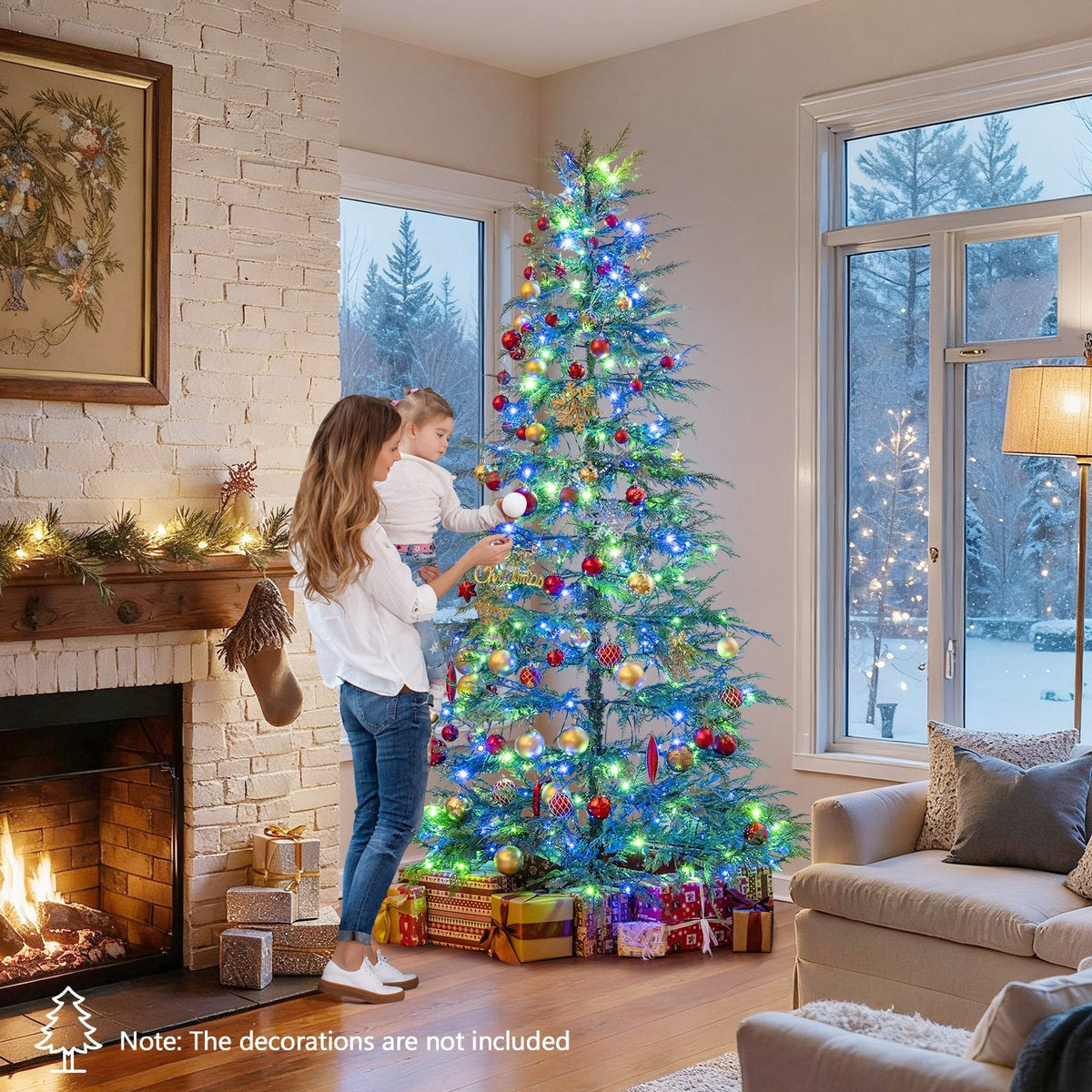 7.5 FT Pre-Lit Artificial Christmas Tree, Sparse Fir Shape, 725 TPE Tips and 500 Multicolour LEDs