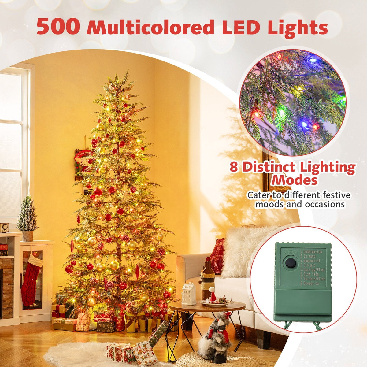 7.5 FT Pre-Lit Artificial Christmas Tree, Sparse Fir Shape, 725 TPE Tips and 500 Multicolour LEDs