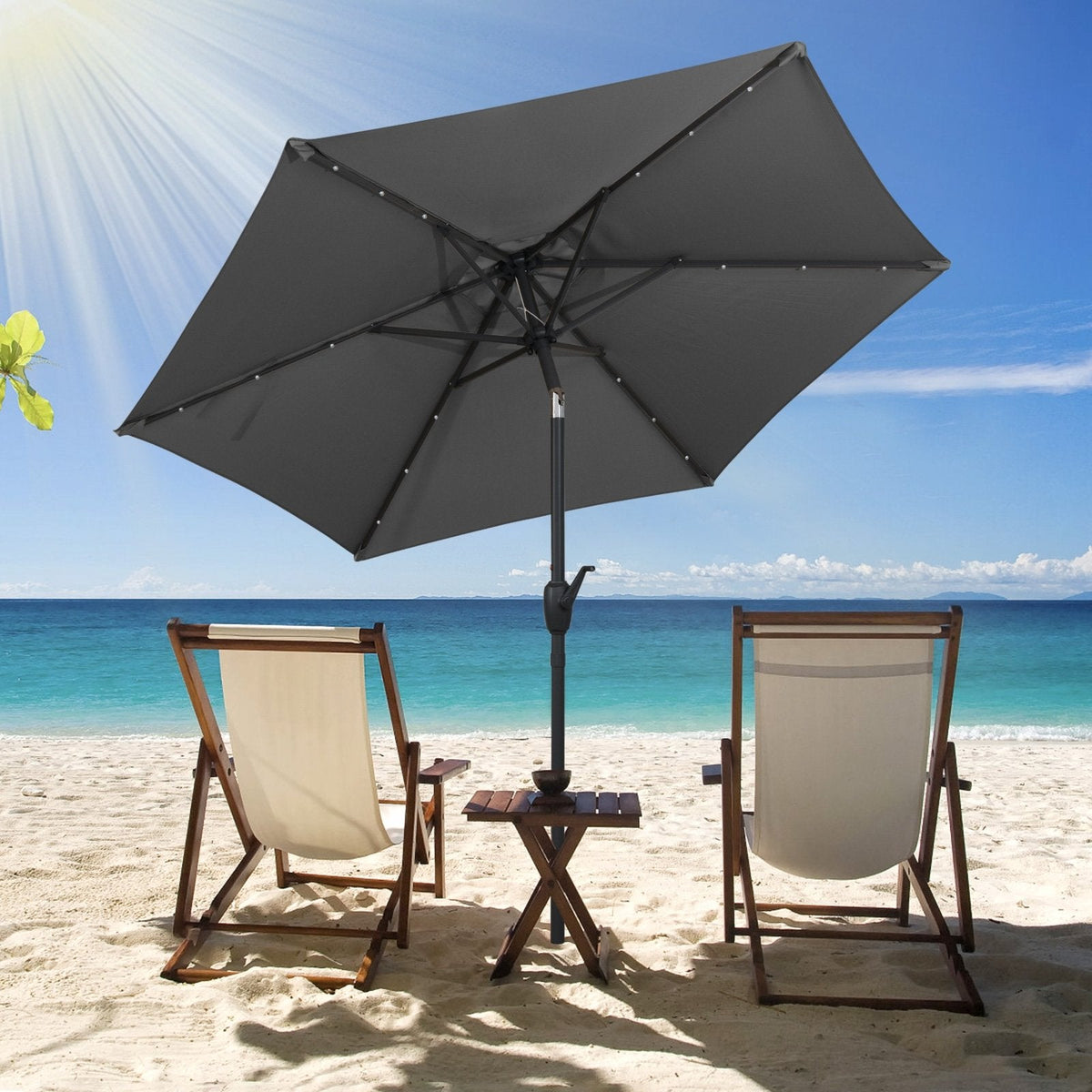 7.5 Feet Solar Powered Patio Umbrella with LED Lights and Crank Handle-Gray