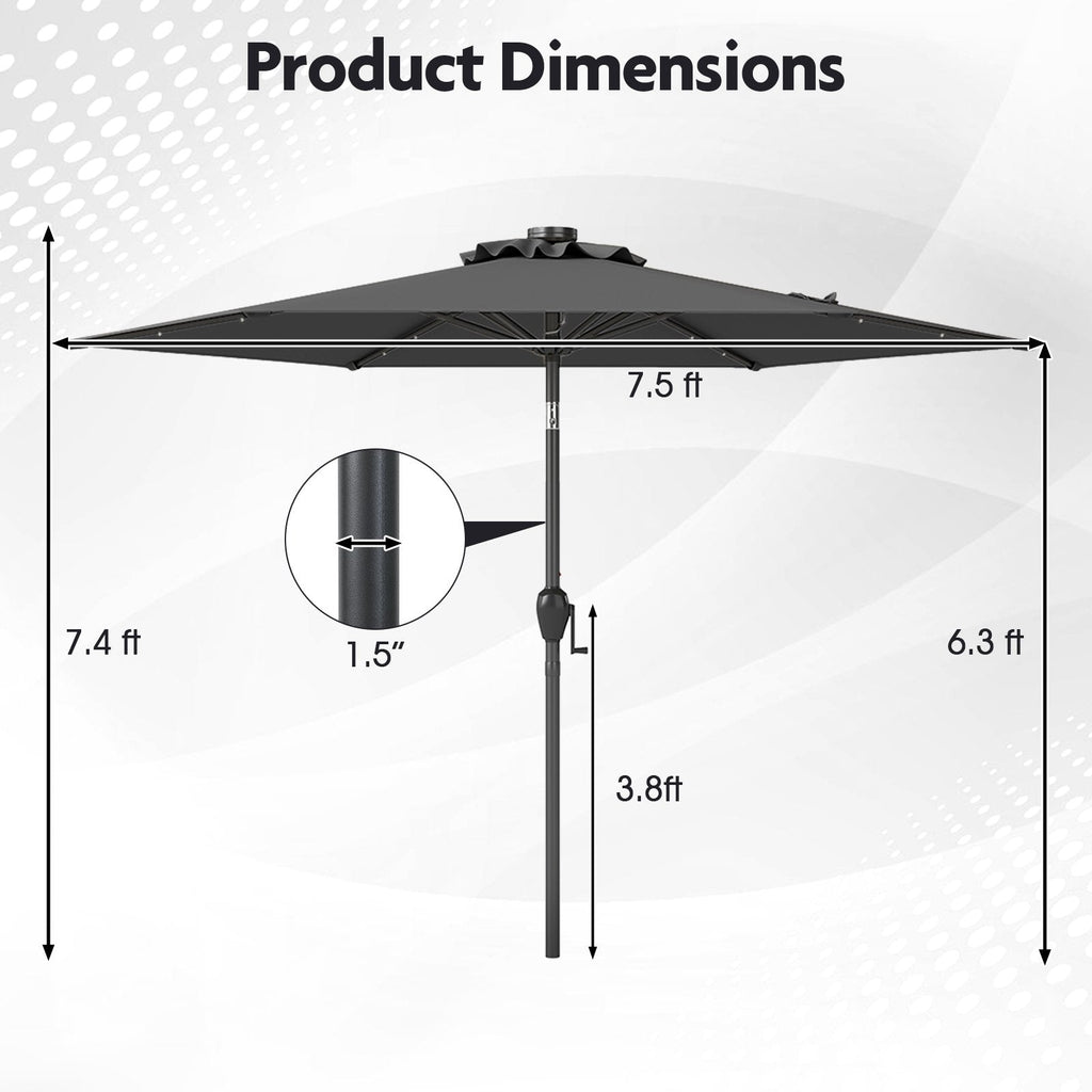 7.5 Feet Solar Powered Patio Umbrella with LED Lights and Crank Handle-Gray
