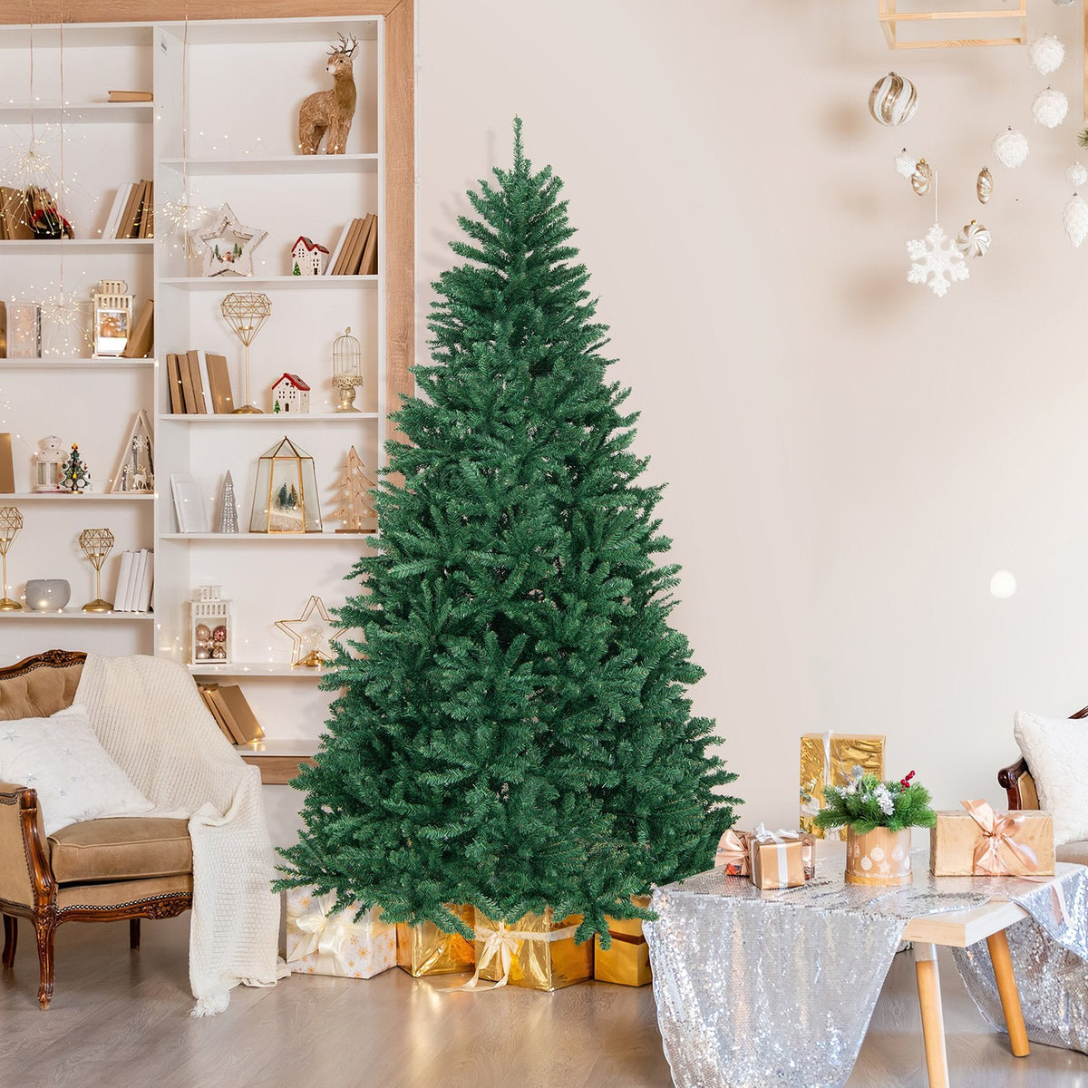 7.5 FT Hinged Artificial Christmas Tree with 2254 Branch Tips and Folding Metal Stand, Unlit
