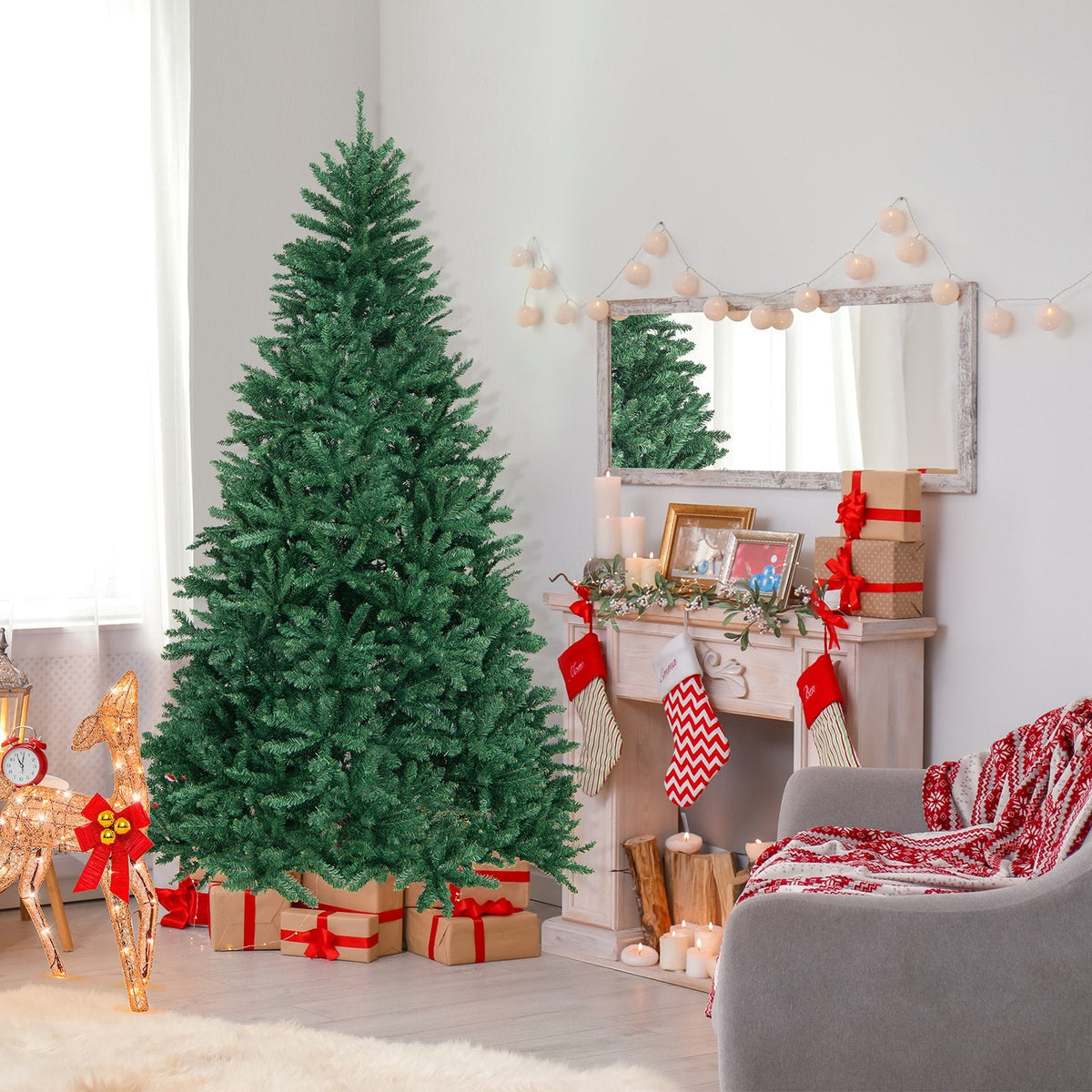 7.5 FT Hinged Artificial Christmas Tree with 2254 Branch Tips and Folding Metal Stand, Unlit