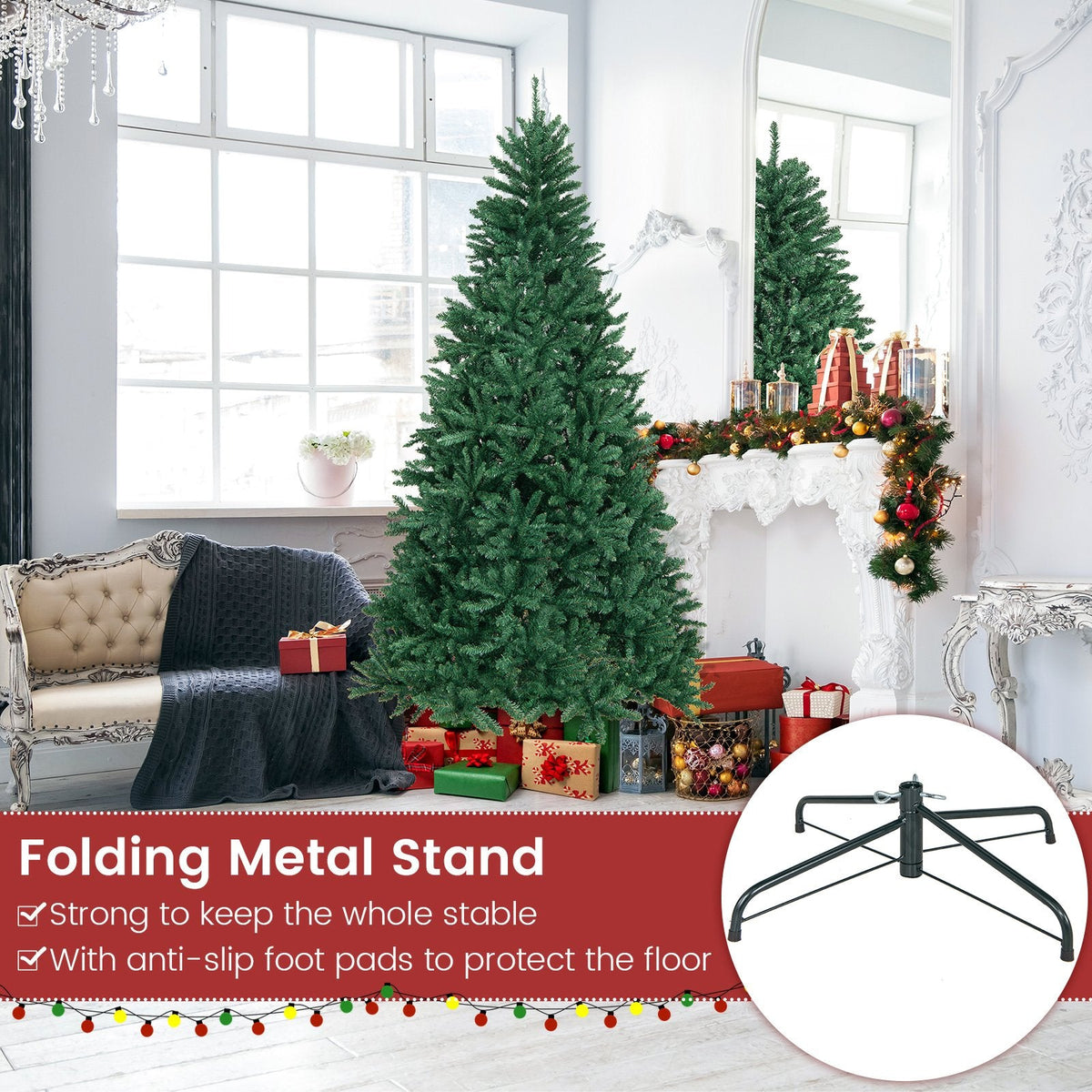 7.5 FT Hinged Artificial Christmas Tree with 2254 Branch Tips and Folding Metal Stand, Unlit