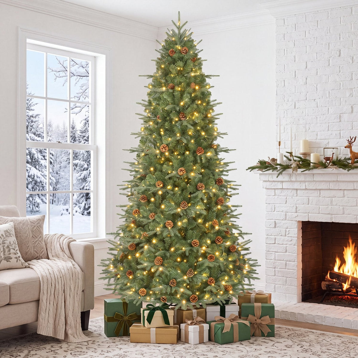 7.5 FT Pre-Lit Artificial Christmas Tree with 71 Pine Cones, 540 Warm White LEDs and PE PVC Tips