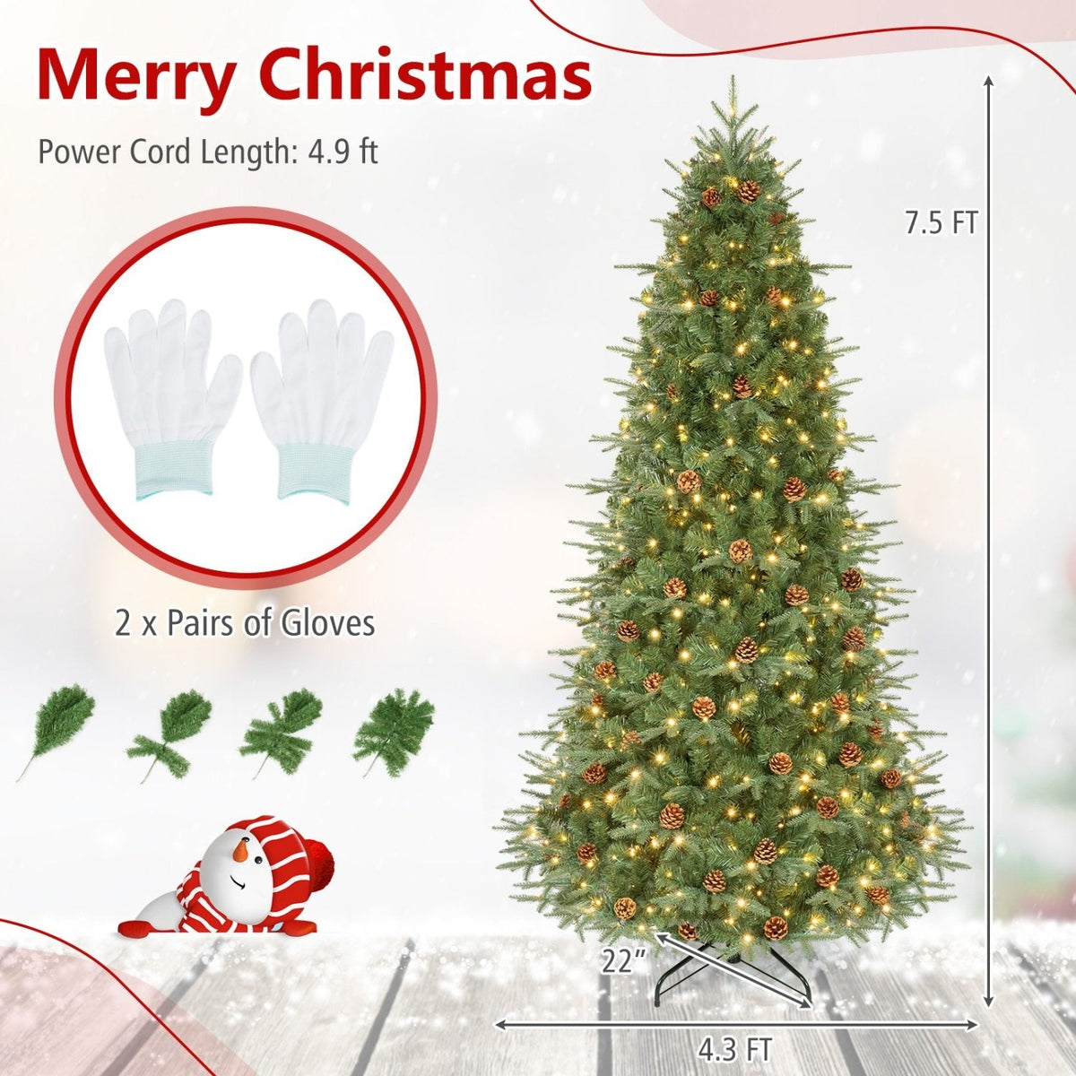7.5 FT Pre-Lit Artificial Christmas Tree with 71 Pine Cones, 540 Warm White LEDs and PE PVC Tips