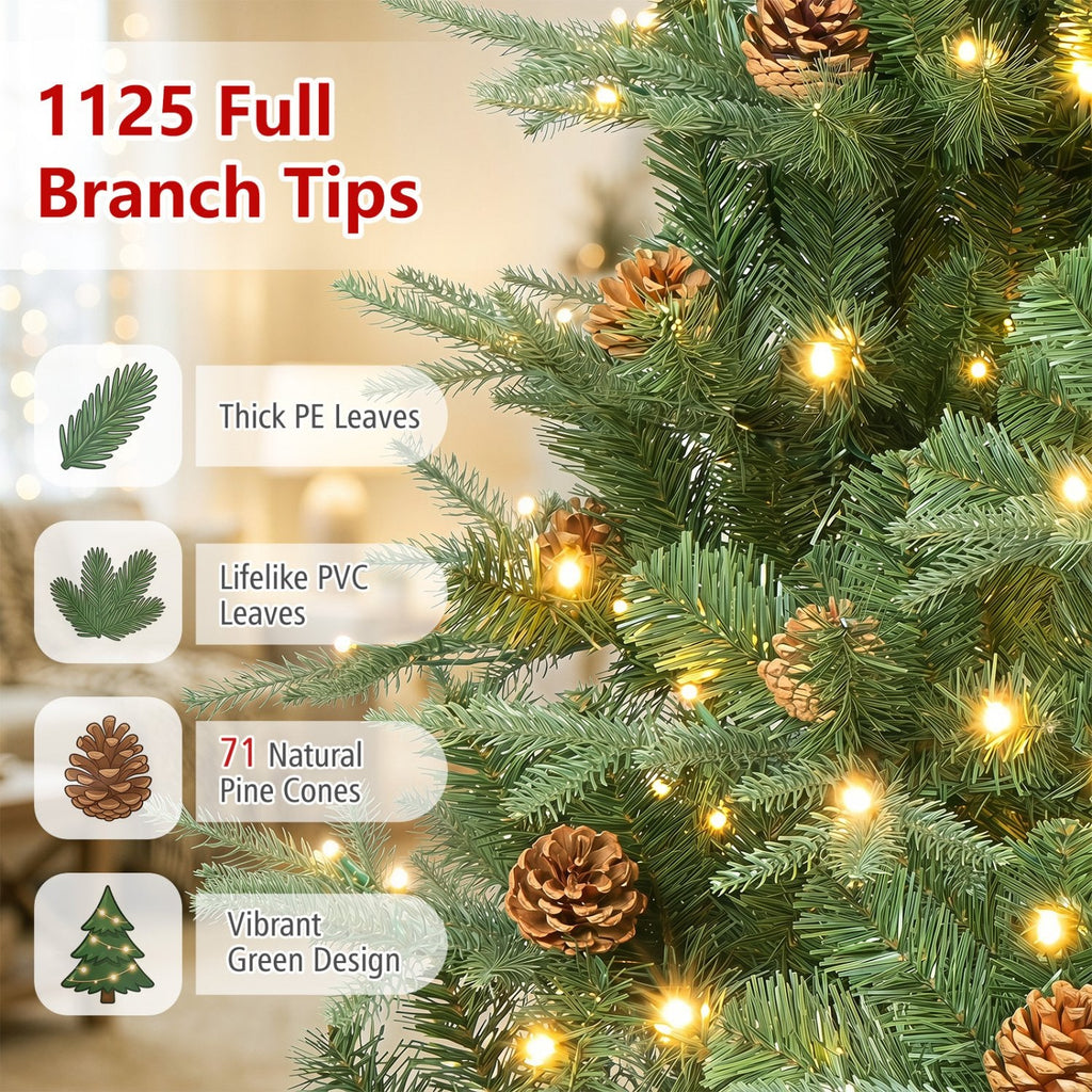 7.5 FT Pre-Lit Artificial Christmas Tree with 71 Pine Cones, 540 Warm White LEDs and PE PVC Tips