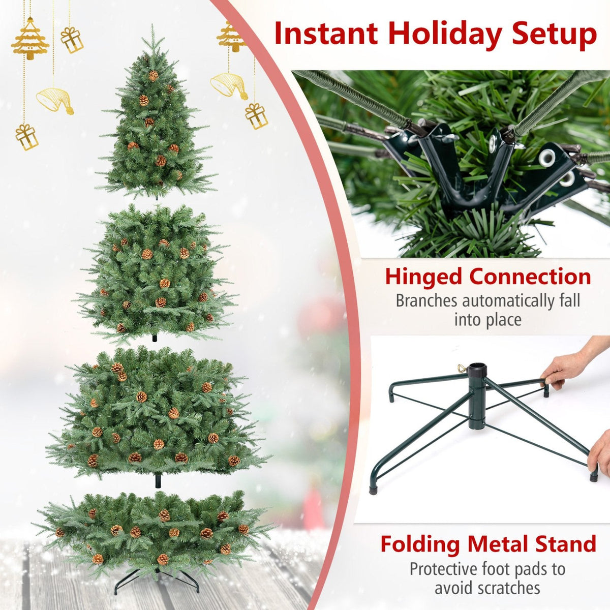 7.5 FT Pre-Lit Artificial Christmas Tree with 71 Pine Cones, 540 Warm White LEDs and PE PVC Tips