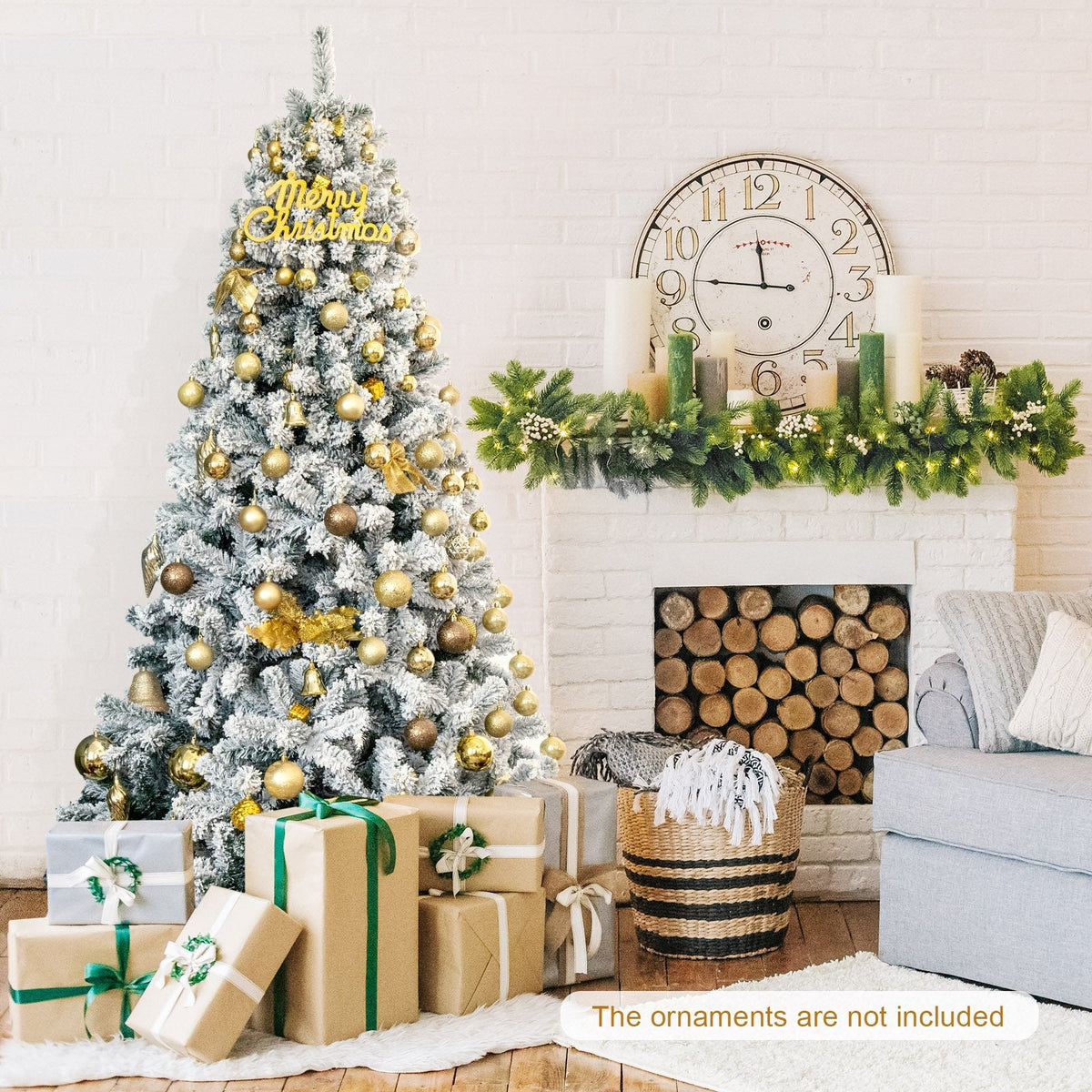 7.5 FT Snow Flocked Artificial Christmas Tree, Unlit, 1010 Tips, Four Hinged Sections