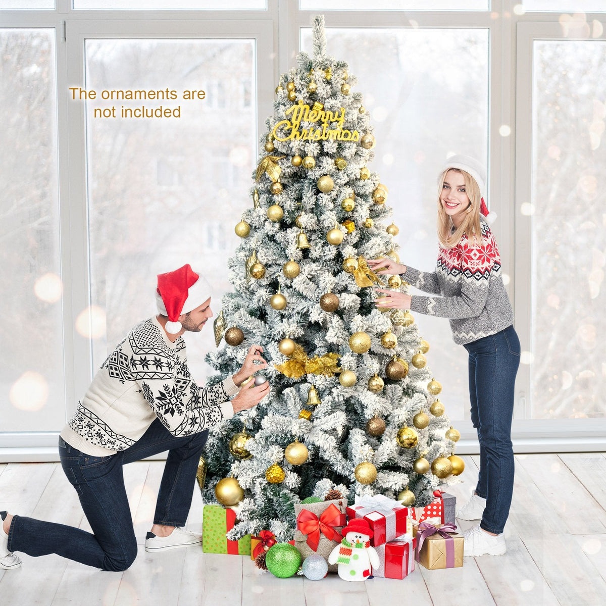 7.5 FT Snow Flocked Artificial Christmas Tree, Unlit, 1010 Tips, Four Hinged Sections