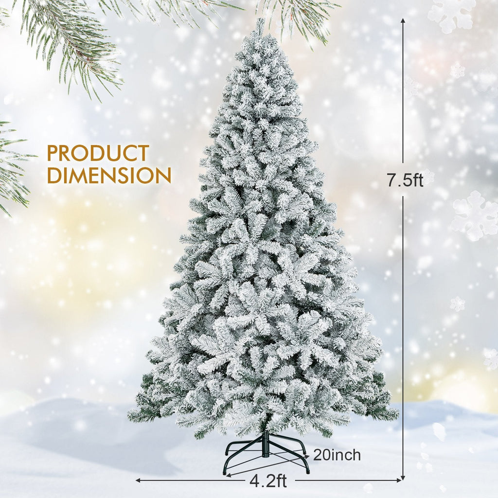 7.5 FT Snow Flocked Artificial Christmas Tree, Unlit, 1010 Tips, Four Hinged Sections