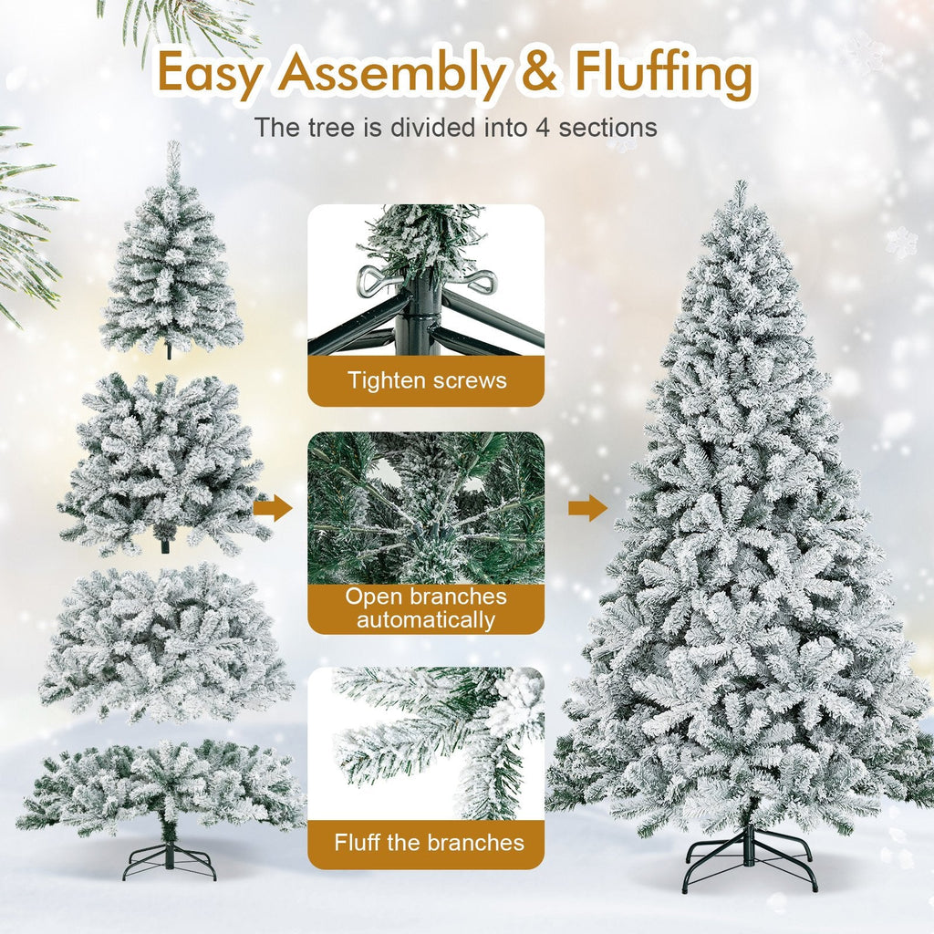 7.5 FT Snow Flocked Artificial Christmas Tree, Unlit, 1010 Tips, Four Hinged Sections